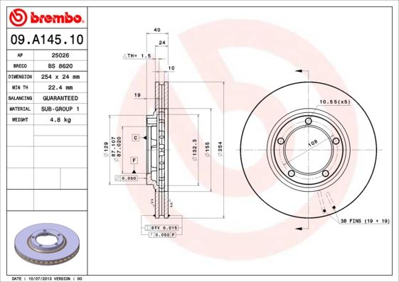 BREMBO 09A14510 Ön Fren Diski Hava Kanalli Hyundai Starex D4bh Tc Tci Eski Model 96-01 / H100 2.6l Kamyonet D4bb 9 6-> 254 Çap X 5 Bijon - Adet Disk Fiyatıdır