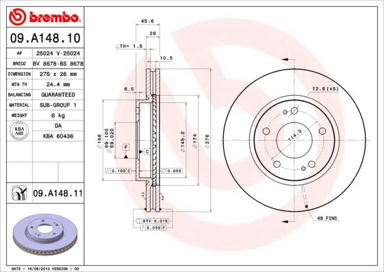 BREMBO 09A14811 Fren Disk On 276-5 Uv Coated Mitsubishi:Lancer 08>12 1.5-1.6-1.8/Lancer 2.0 Mivec Evo-X 08-