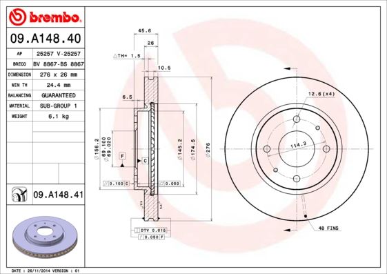 BREMBO 09A14841 Ön Fren Diski Hava Kanalli Mitsubishi Lancer 1.6l 4g18 Cs3a 03-08 276 Çap X 4 Bijon - Adet Disk Fiyatıdır