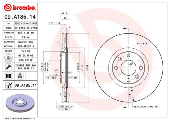 BREMBO 09A18511 Ön Fren Aynasi Corsa F E 19> Mokka E 20> 208 19> 2008 19> 308 07> 3008 09> 5008 09> C4 20> Ds5 15> Ds3 18> 302x34x4dl Havali