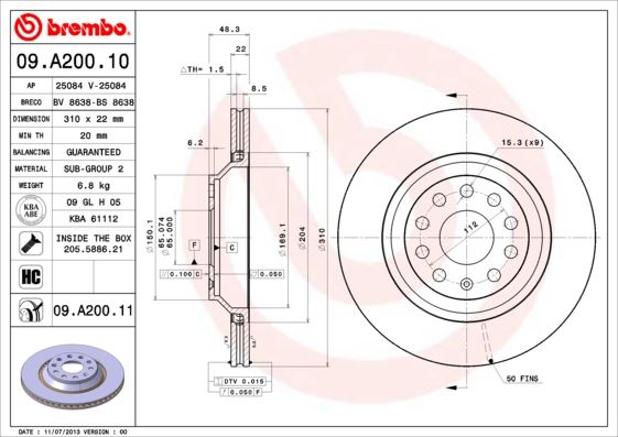 BREMBO 09A20011 Arka Fren Aynasi Golf V-Vi-Passat 07/05>Variant 05>Eos 06>A3 03>Scirocco 08> 310x22x9dlxhavali