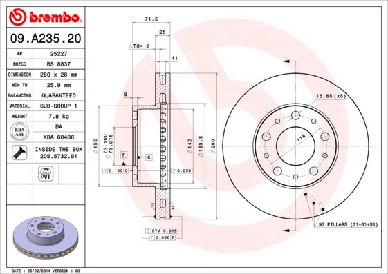 BREMBO 09A23520 Ön Fren Diski Boxer Iii Jumper Iii Ducato Iii 06> 15 Jant Kucuk 280x28x5dl Havali
