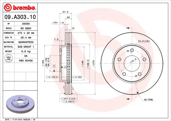 BREMBO 09A30310 Ön Fren Diski Hava Kanalli Mitsubishi L200 2.5l Di-D Cr 4x2 Ka4t 11-> 270 Çap X 5 Bijon - Adet D Isk Fiyatıdır