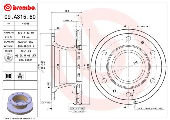 BREMBO 09A31560 Fren Diski Iveco Eurocargo I-Iii 01/91-09/15-Iveco Eurocargo V 09/15->-Iveco Eurofire 01/91->