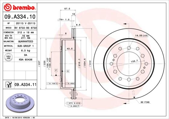 BREMBO 09A33411 Fren Diski Arka Havali- 312-6 - Toyota Landcrusier 93>10
