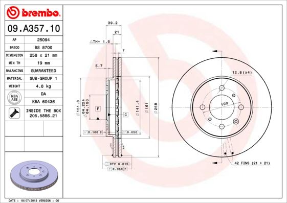 BREMBO 09A35710 Ön Fren Diski Hava Kanalli Honda Jazz 1.4l L13a Gd1 Kasa 02-07 / City 1.4l L13a8 Ge4 Kasa 05-0 8 258 Çap X 4 Bijon - Adet Disk Fiyatıdır - Büyük Tip
