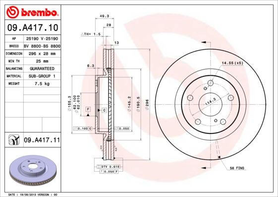 BREMBO 09A41710 Ön Fren Diski Hava Kanalli Toyota Rav4 2.0l 1az-Fe Aca30 06-12 / 2.2l 2ad-Ftv 2adfhv Ala30 06-> / 2.0l 3zrfae Zsa30 09-> / 2.0l 1adftv Ala40 13-> 296 Çap X 5 Bijon - Adet Disk Fiyatıdır