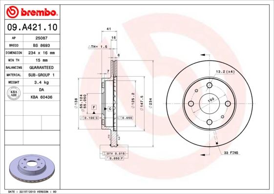 BREMBO 09A42110 Ön Fren Diski Hava Kanalli Daihatsu Sirion M100 M101 98-05 / Yrv M200 M201 M211 01-> 234 Çap X 4 Bijon - Adet Disk Fiyatıdır