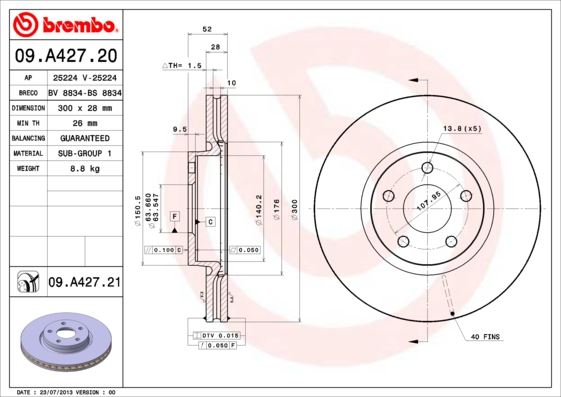 BREMBO 09A42721 Fren Diski Ön Ford Mondeo-S Max-Volvo-Land Rover 07> Çap: 300mm 5 Delik S80 Ii V70 Iii Xc70 Ii 06>