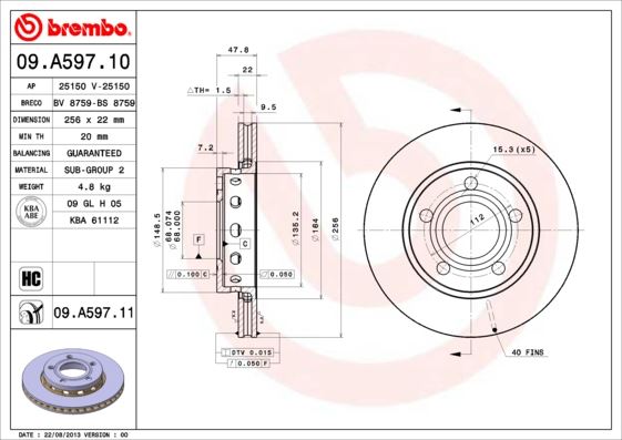 BREMBO 09A59711 Fren Diski. Arka. 256 /22-20 Mm . Hava Kanalli. Kaplamali. Yüksek Karbon Alaşimli 986479463-Df4210
