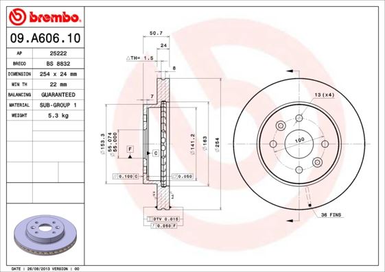 BREMBO 09A60610 Ön Fren Diski Hava Kanalli Kia Rio 1.5l A5d Dohc Yumurta Kasa 03-05 / 1.3l A3e Sohc Yumurta Kasa 0 3-05 254 Çap X 4 Bijon - Adet Disk Fiyatıdır