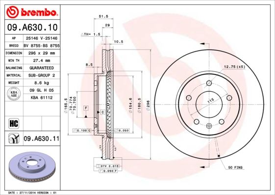 BREMBO 09A63011 Ön Fren Aynasi Adet Antara 2.4-3.2 V6-2.0cdti 06> Captiva 2.4-3.2-2.0d 06> 296x29x5dlxhavali