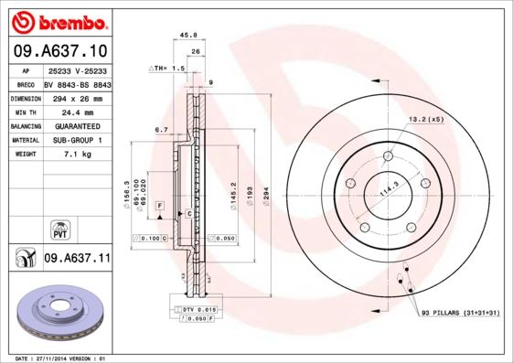 AYD-50402 Ön Fren Diski Jeep Compass Patriot Chrysler Sebring Dodge Caliber-4008-C4 Aircross (29426x5dl)Hvl Ad