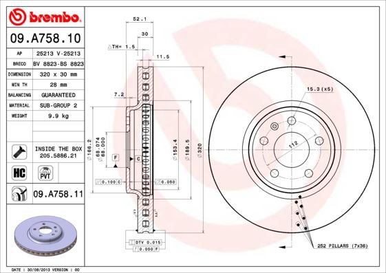 BREMBO 09A75811 Ön Fren Aynasi Havali A4-A4 Avant 1.8 Tfsi/2.0 Tfsi/2.0 Tdi/2.7 Tdi/3.0 Tdi/3.2 Fsi Quattro/S4 Quatt 986479468-Df6015s
