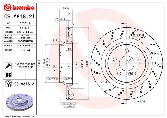 BREMBO 09A81821 Fren Diski Arka Mercedes Sl-Class R230 06>12