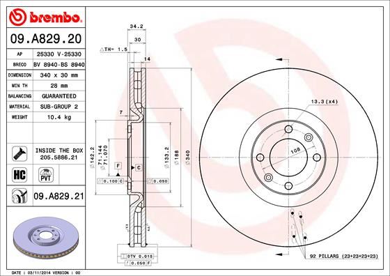 BREMBO 09A82921 Fren Diski On Havali 340 Mm Citroen Ds4 Ds51.6hdi 11- /Peugeot 308 1.6 10-