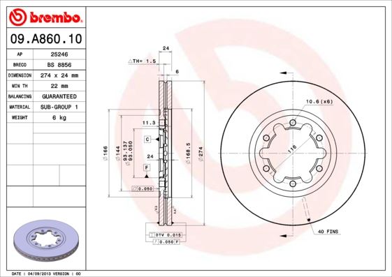 BREMBO 09A86010 Fren Diski Ön Ford Ranger 98> 4x4 Çap: 274mm