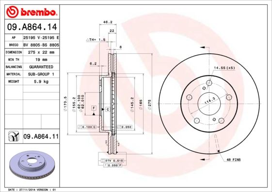 BREMBO 09A86414 Ön Fren Diski Hava Kanalli Toyota Auris Corolla 1.6l 1zr-Fe Benzinli Zre151 07-12 / 1.33l 1nr-Fe Nre150 6 Vites 10-12 275 Çap X 5 Bijon - Adet Disk Fiyatıdır