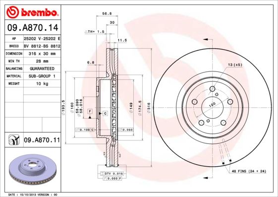 BREMBO 09A87014 Ön Fren Diski Hava Kanalli Subaru Forester 2.0l Fa20 Xt Awd Sj Kasa 13-> / Outback 2.5l Fb25b B R Kasa 13-> 316 Çap X 5 Bijon - Adet Disk Fiyatıdır