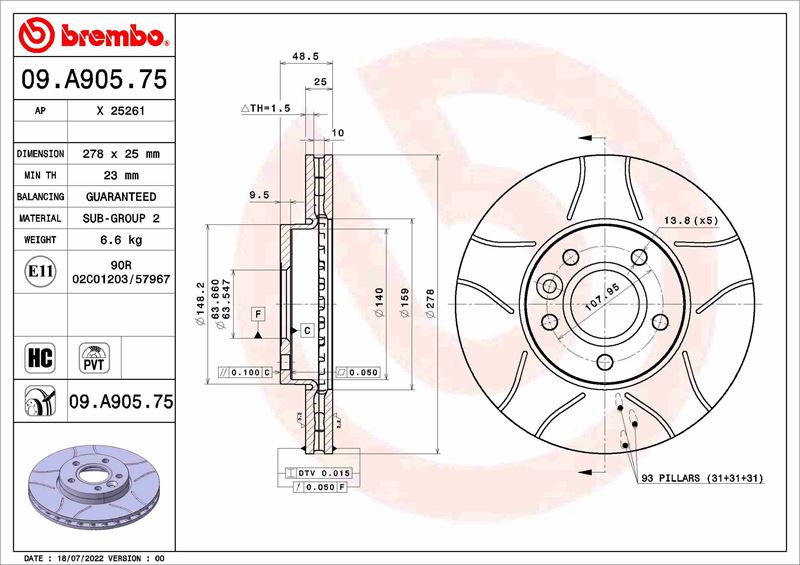 BREMBO 09A90575 Fren Diski Ford Changan Focus Hatchback 04/12->-Ford Changan Focus Saloon Cd4 09/05-12/11-Ford