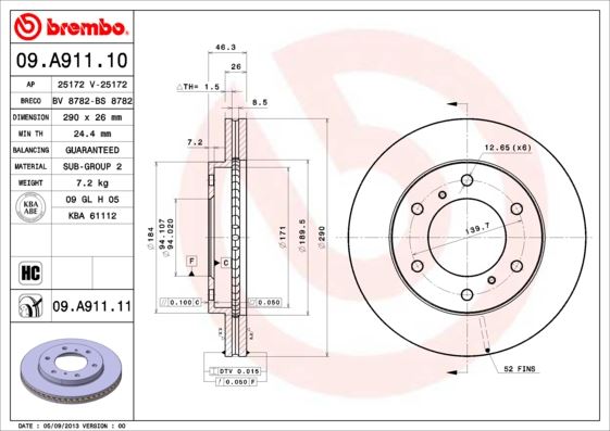 BREMBO 09A91110 Ön Fren Diski Hava Kanalli Mitsubishi Pajero 3.2l 4m41 V78w Dizel 99-06 290 Çap X 6 Bijon - Adet Disk Fiyatıdır
