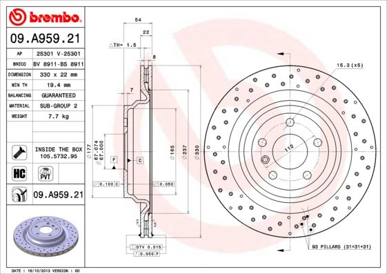 BRE-09.A959.21 Fren Diski Arka Mercedes Gle-Class W166 / Ml-Class W166