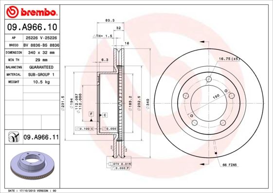 BREMBO 09A96611 Ön Fren Diski Hava Kanalli Toyota Landcruiser 4.7l 2uz-Fe V8 Uzj200 08-> / 4.5l 1vd-Ftv Vdj200 Diz El D4-D 08-> 340 Çap X 5 Bijon - Adet Disk Fiyatıdır