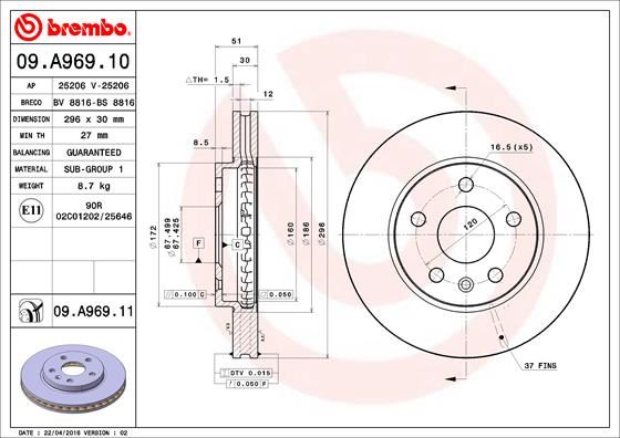 BREMBO 09A96910 Ön Fren Aynasi Insignia A 08> Saab 9-5 Ys3g 10> 16 Jant 296x30x5dlxhavali 13501307-569063