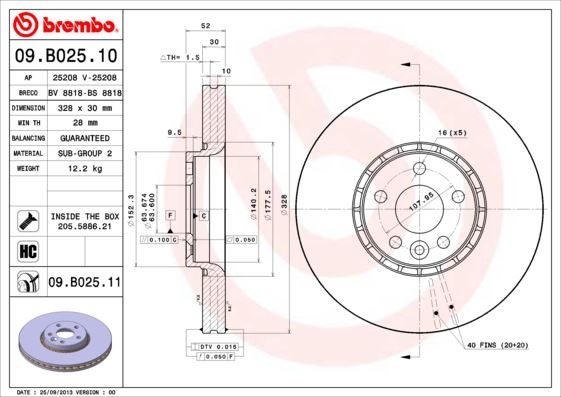 BREMBO 09B02511 Fren Diski Ön Volvo Xc60 08> Ölçüler: 328x30x28