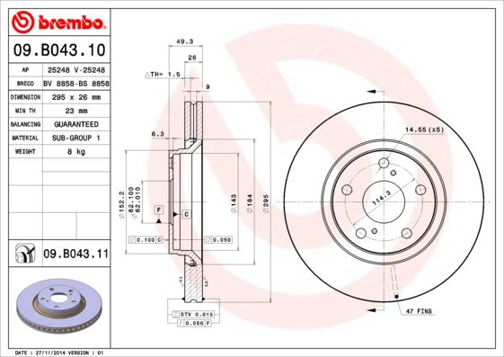 BREMBO 09B04310 Ön Fren Diski Hava Kanalli Toyota Avensis 1.6l 1.8l 1zr-Fae 2zr-Fae Zzt270 Zzt271 09-> / 2.0l 1ad- Ftv Adt270 09-> 295 Çap X 5 Bijon - Adet Disk Fiyatıdır