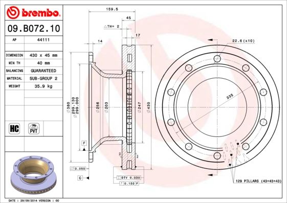 BREMBO 09B07210 Fren Diski Bpw Bergische Achsen Axle Sb 4309 -Bpw Bergische Achsen Axle Sb 4345 Sh Series