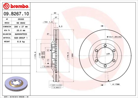 BREMBO 09B26710 Ön Fren Diski Hava Kanalli Isuzu D-Max 2.5l 4ja1-Tc Commonrail Turbo Euro4 4x2 4x4 07-11 280 Çap X 6 Bijon - Adet Disk Fiyatıdır
