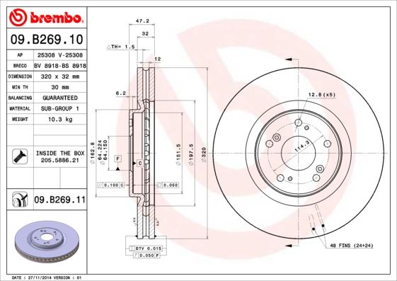 BREMBO 09B26911 Fren Diski On Havali Kaplamali 320-5 Honda Accord 09>13 2.4