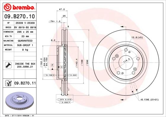 BREMBO 09B27010 Ön Fren Diski Hava Kanalli Honda Accord 2.0l R20a3 Cu1 Kasa 08-> 296 Çap X 5 Bijon - Adet Disk Fiyatıdır
