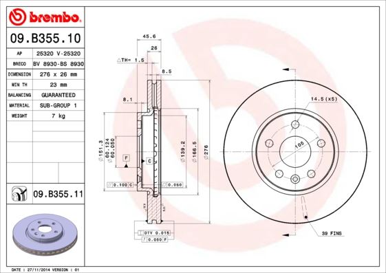 BREMBO 09B35510 Ön Fren Aynasi Astra J 10> Cruze 09> Aveo 11> 276x26x5dl 15 İnç Havali 95526655