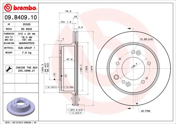 BREMBO 09B40910 Arka Fren Diski Hava Kanalli Kia Sorento 2.5l D4cb Crdi 06-10 315 Çap X 5 Bijon - Adet Disk Fiya Tıdır
