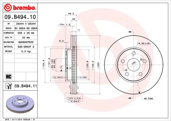 BREMBO 09B49411 Fren Diski On Uv Coated Toyota