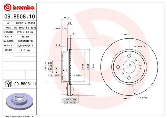 BREMBO 09B50811 Fren Diski On Uv Coated Toyota