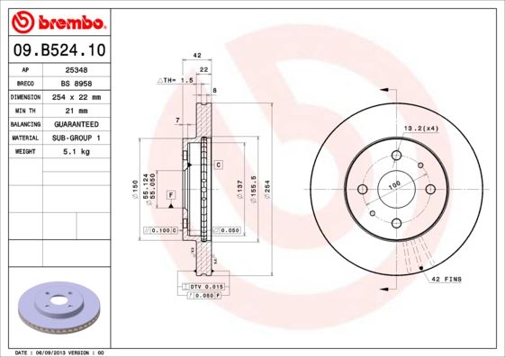 BREMBO 09B52410 Ön Fren Diski Hava Kanalli Daihatsu Materia 1.5l 3sz-Ve M402 06-> / Sirion 1.0l 1kr-Fe M300 05-> 1 .3l K3-Ve M301 05-> 1.5l 3sz-Ve M303 08-> 254 Çap X 4 Bijon - Adet Disk Fiyatıdır