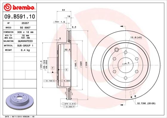 BREMBO 09B59110 Arka Fren Diski Hava Kanalli Nissan Pathfinder 2.5l Yd25ddti Dci R51 4x4 05-> 308 Çap X 6 Bijon - Adet Disk Fiyatıdır