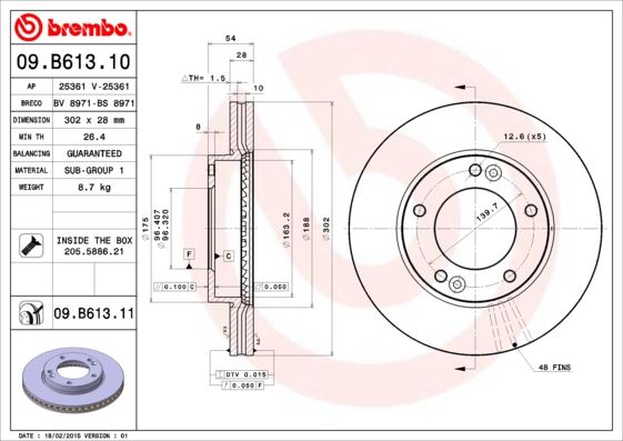 BREMBO 09B61311 Ön Fren Diski Hava Kanalli Kia Sorento 2.5l D4cb 02-> 302 Çap X 5 Bijon - Adet Disk Fiyatıdır
