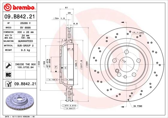 BREMBO 09B84221 Fren Diski Arka Mercedes S-Class W220 S 55 Amg 02>05