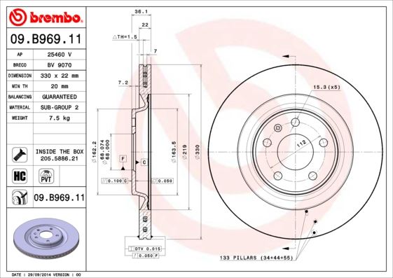 BREMBO 09B96911 Arka Fren Aynasi Touareg 3.0tdi 17> A4-A5 1.8 Tfsi-2.0 Tdi 08> A6 2.0 Tfsi-2.8 Fsi 11> 330x22x5xhvli 986479750-986479c86-Df6175s