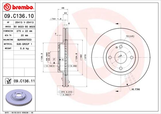 BREMBO 09C13611 Fren Diski On Uv Coated Mazda