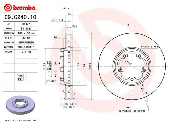BREMBO 09C24010 On Fren Diski Aynasi Transit Custom V362-V363 12> Arka Tek Teker Cap 288 33