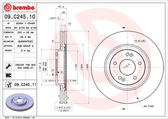 BREMBO 09C24511 Ön Fren Diski Hava Kanalli Hyundai Tucson 1.6l G4fj D4fe 18-20 / Sportage 1.6l G4fd G4fj D4fe 18-20 320 Çap X 5 Bijon Adet Disk Fiyatıdır 19 İnç