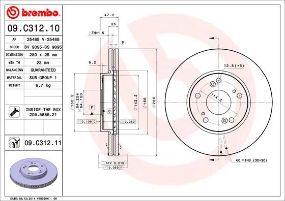 BREMBO 09C31211 Ön Fren Diski Hava Kanalli Honda Civic 1.6l R16b1 Sedan Fc5 Kasa 16-22 / 1.4l L13z1 I-Vtec Sport Fk1 Kasa 12-> 280 Çap X 5 Bijon - Adet Disk Fiyatıdır
