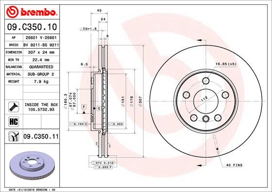 BREMBO 09C35011 Fren Diski On Bmw F40 F44 F45 F46 F48 F39 F70 F74 U06 U10 U11 U12 . Mini F54 F55 F56 F57 F60 F67 F65 F66