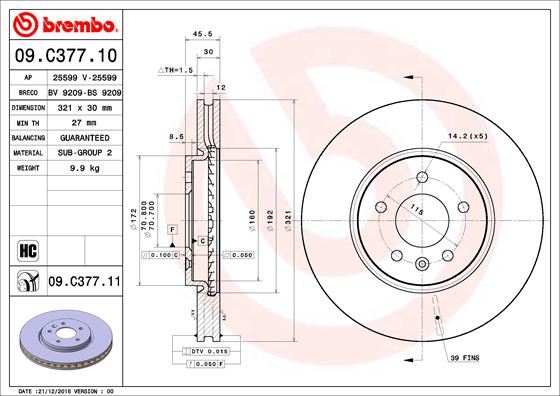 BREMBO 09C37711 Ön Fren Aynasi 17 Inç Astra J 09 > Zafira C 11 > 321x30x28/5d/Havali 13502826