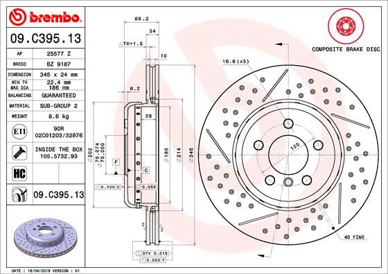 BREMBO 09C39513 Fren Diski Arka Bmw F22 F23 F30 F31 F34 F32 F33 F36 M Performance
